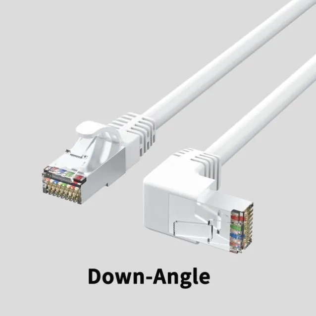 Cat6 Ethernet cable with right-angle metal RJ45 connector in black, available in multiple lengths