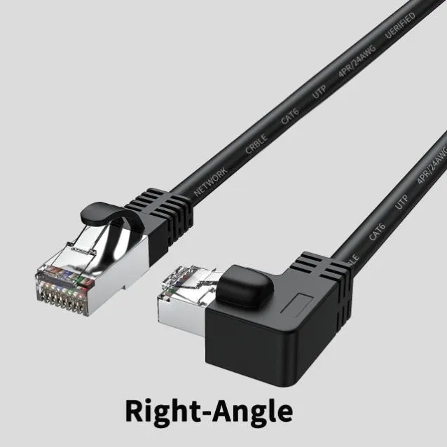 Cat6 Ethernet cable with right-angle metal RJ45 connector in black, available in multiple lengths