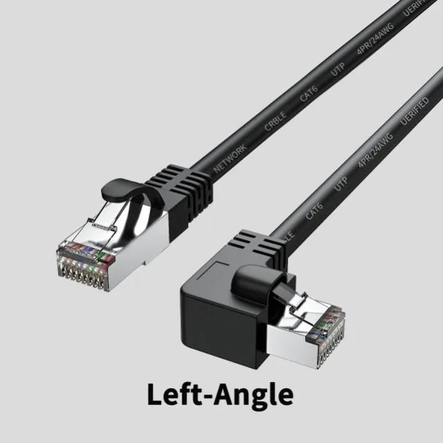 Cat6 Ethernet cable with right-angle metal RJ45 connector in black, available in multiple lengths