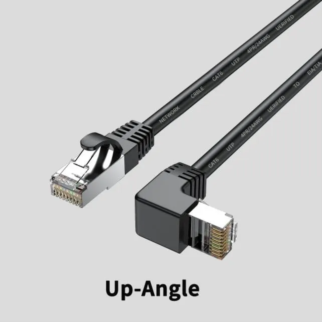 Cat6 Ethernet cable with right-angle metal RJ45 connector in black, available in multiple lengths