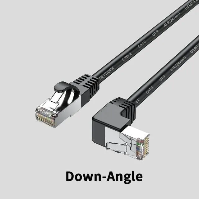 Cat6 Ethernet cable with right-angle metal RJ45 connector in black, available in multiple lengths
