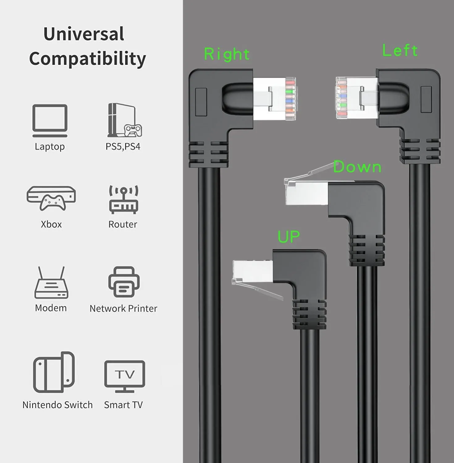 Cat6 Ethernet cable with right-angle metal RJ45 connector in black, available in multiple lengths