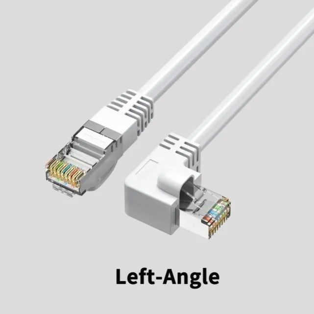 Cat6 Ethernet cable with right-angle metal RJ45 connector in black, available in multiple lengths