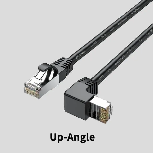Cat6 Ethernet cable with right-angle metal RJ45 connector in black, available in multiple lengths