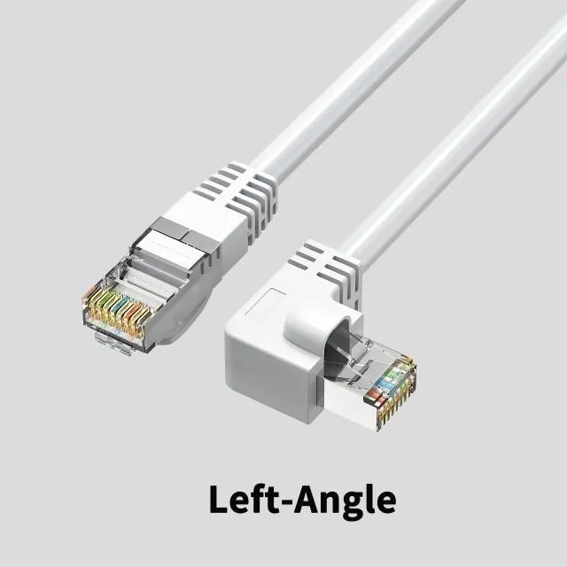 Cat6 Ethernet cable with right-angle metal RJ45 connector in black, available in multiple lengths