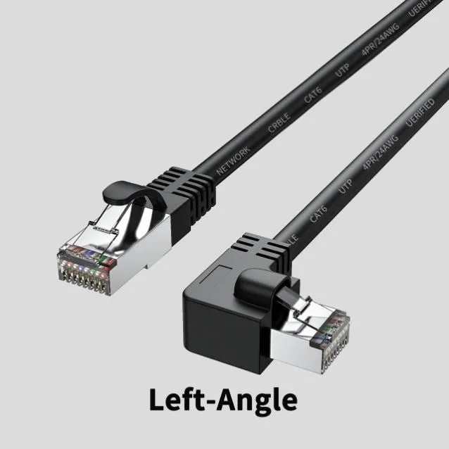 Cat6 Ethernet cable with right-angle metal RJ45 connector in black, available in multiple lengths