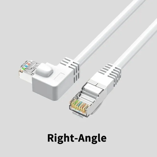 Cat6 Ethernet cable with right-angle metal RJ45 connector in black, available in multiple lengths