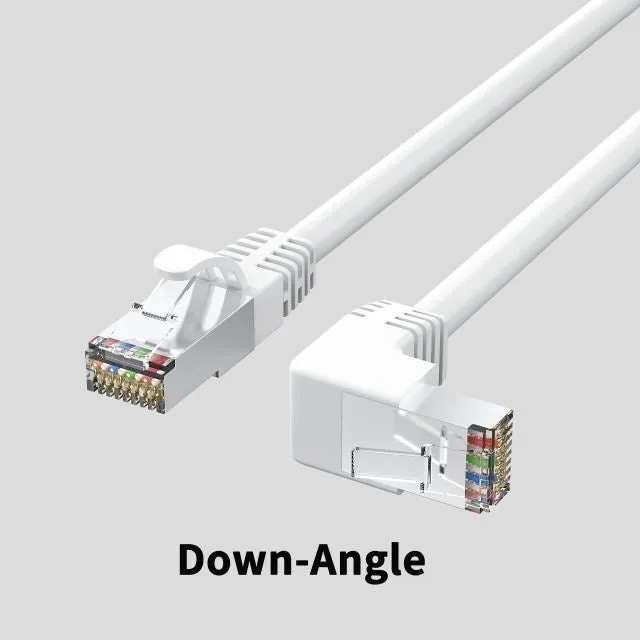 Cat6 Ethernet cable with right-angle metal RJ45 connector in black, available in multiple lengths