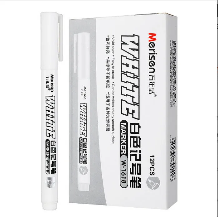 Super White Dazzling fine head painting pen with 2.8mm thick white tip, 14cm length, on dark surface