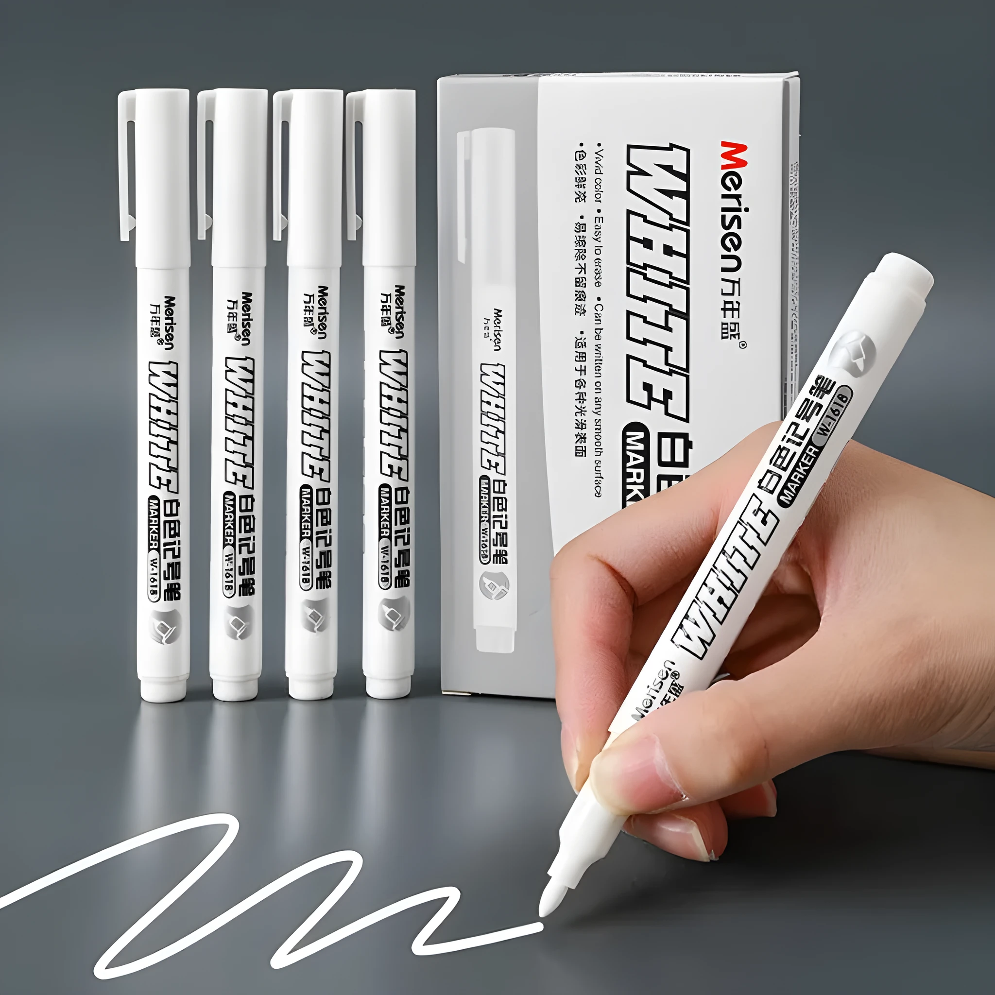 Super White Dazzling fine head painting pen with 2.8mm thick white tip, 14cm length, on dark surface