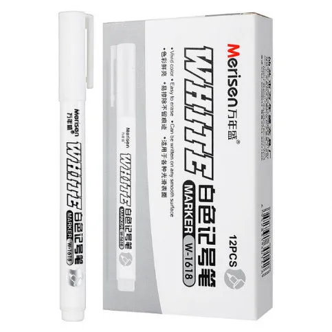 Super White Dazzling fine head painting pen with 2.8mm thick white tip, 14cm length, on dark surface