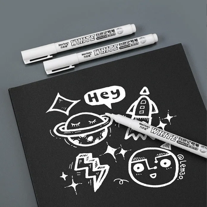 Super White Dazzling fine head painting pen with 2.8mm thick white tip, 14cm length, on dark surface