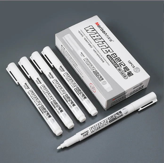 Super White Dazzling fine head painting pen with 2.8mm thick white tip, 14cm length, on dark surface
