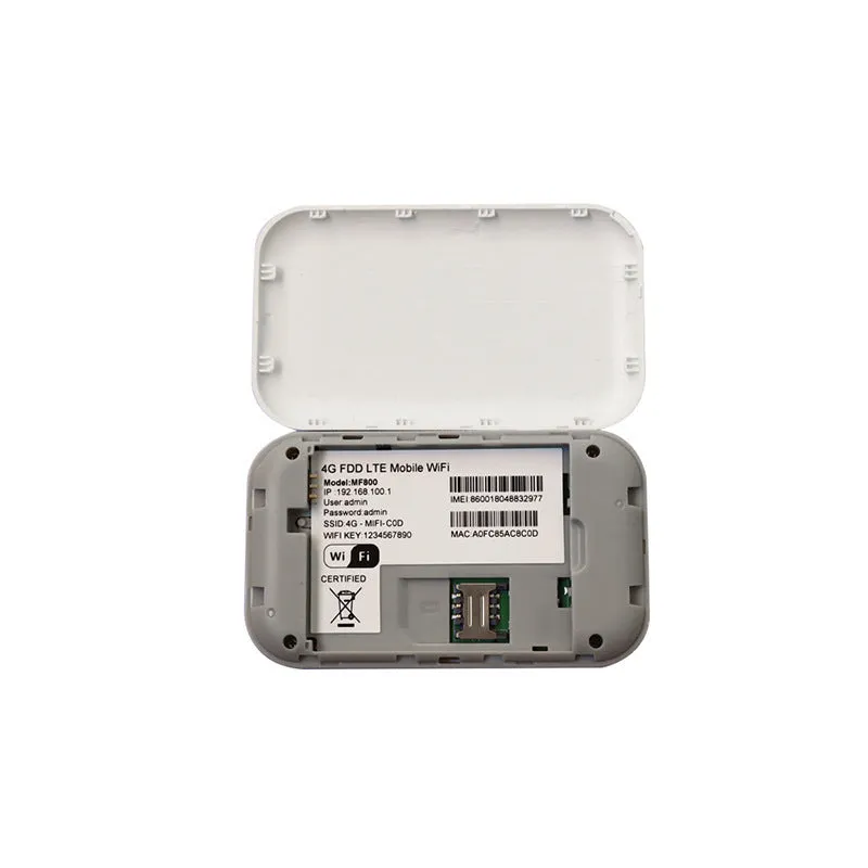 White plastic 4G 3G portable wireless router on a table, compact size 9.8 x 5.3 x 0.8 cm