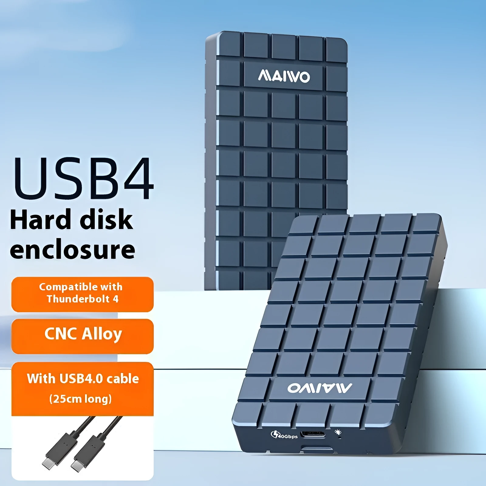 USB4 hard disk enclosure for NVMe SSDs with aluminium alloy casing showing dimensions