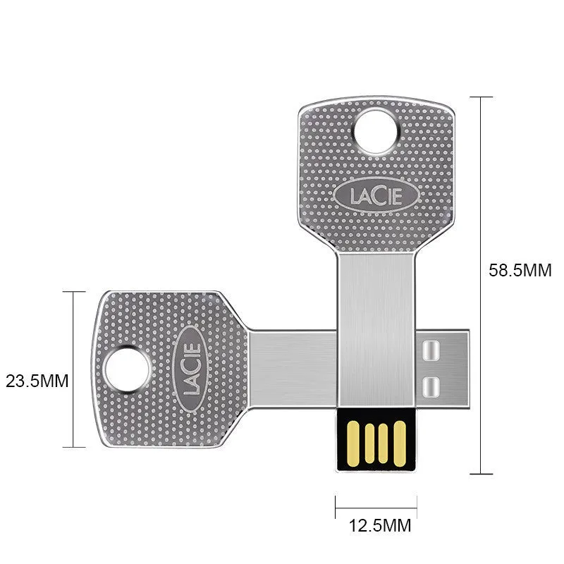 White metal USB 2.0 flash drive with key-style conjoined design, 47.5 x 13.5 x 4.5 mm