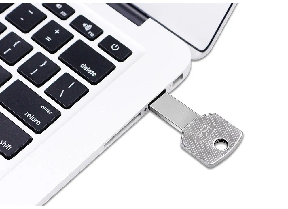 White metal USB 2.0 flash drive with key-style conjoined design, 47.5 x 13.5 x 4.5 mm