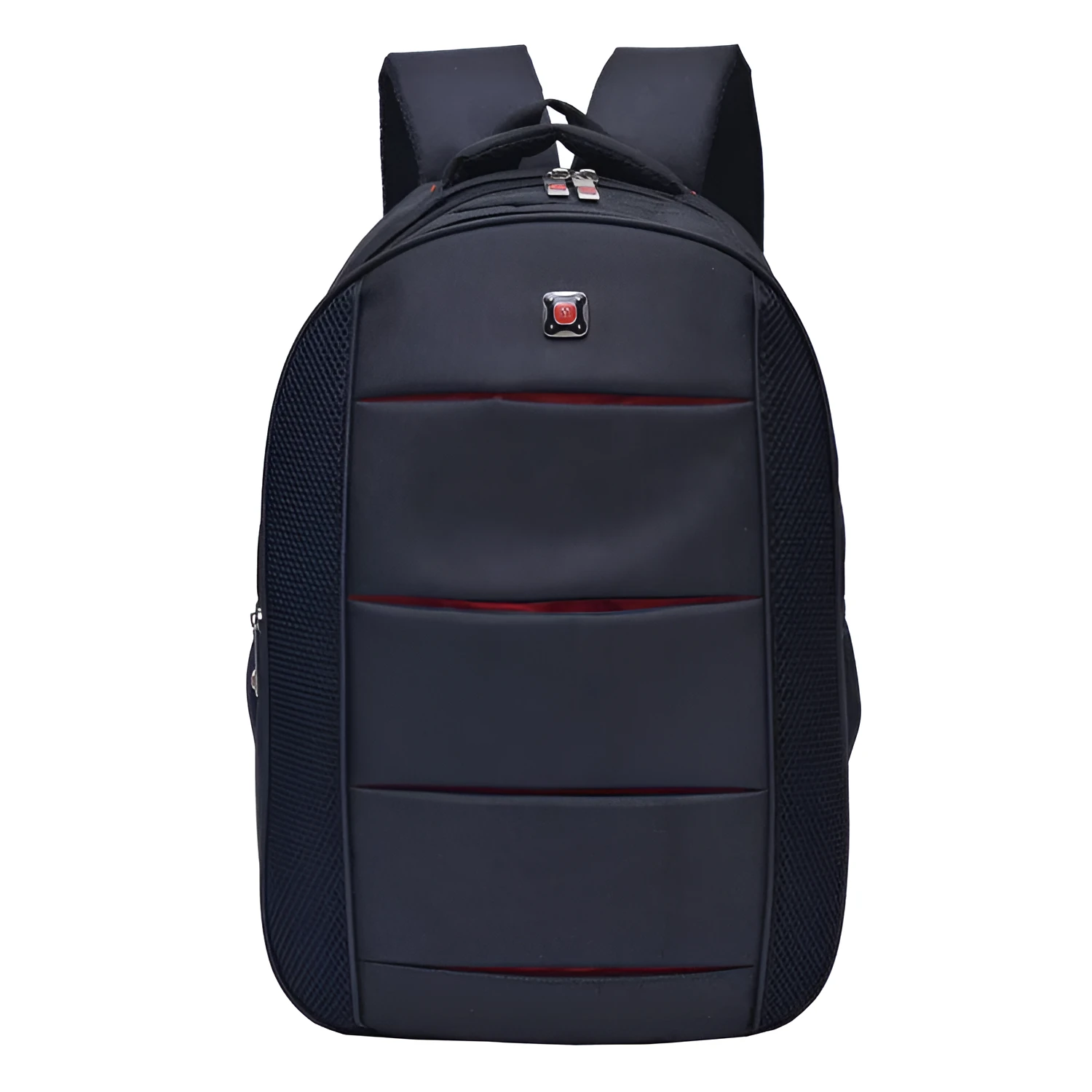 Black casual nylon travel backpack with padded laptop sleeve and front pockets on a table