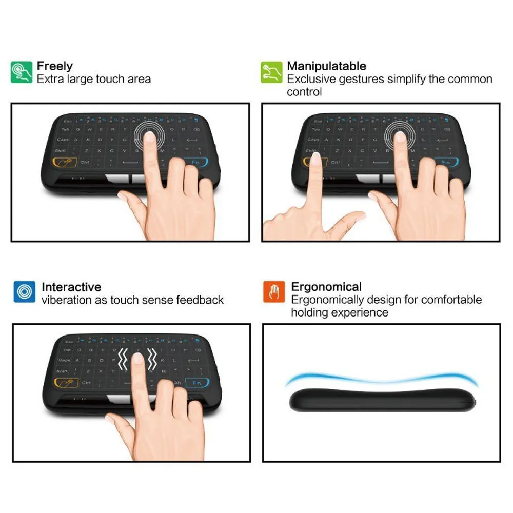 Mini H18 wireless keyboard with 5.3-inch touchpad and 2.4GHz dongle, black finish