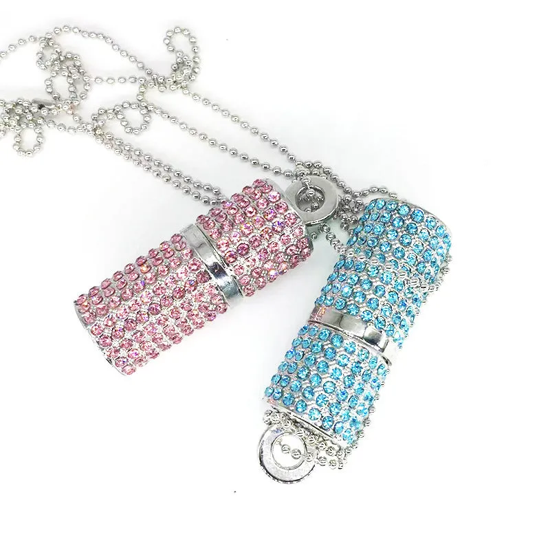 8GB USB 2.0 flash drive with crystal cylinder lipstick design and metal shell in red