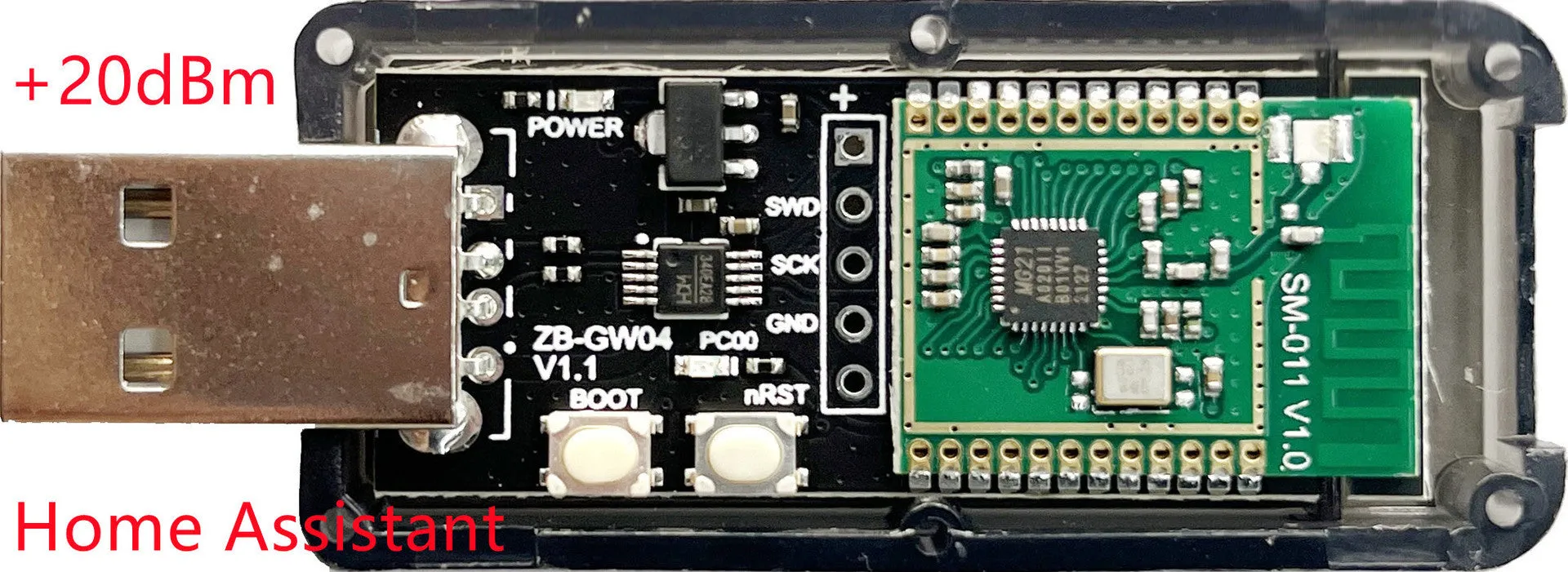Silicon Labs EFR32MG21 Zigbee USB dongle in plastic shell for Home Assistant.