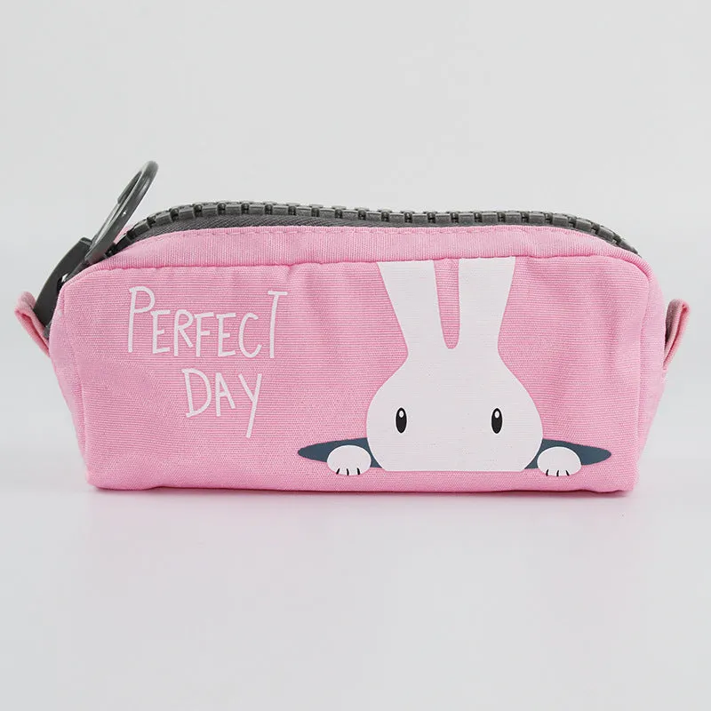 Leather corner animal pencil case in cartoon pattern with zip closure, compact storage for pens and pencils