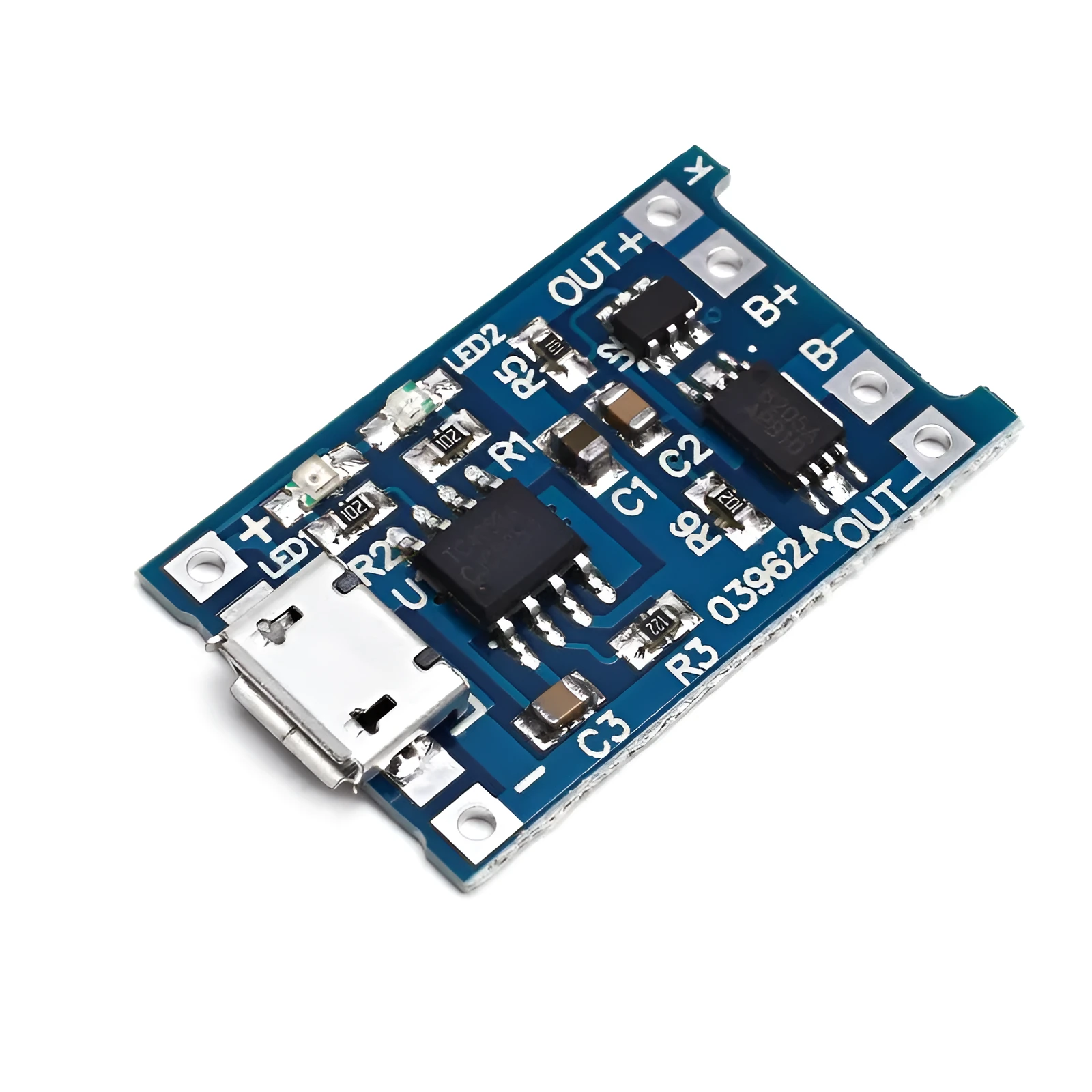 Blue lithium battery charging and protection integrated circuit board.