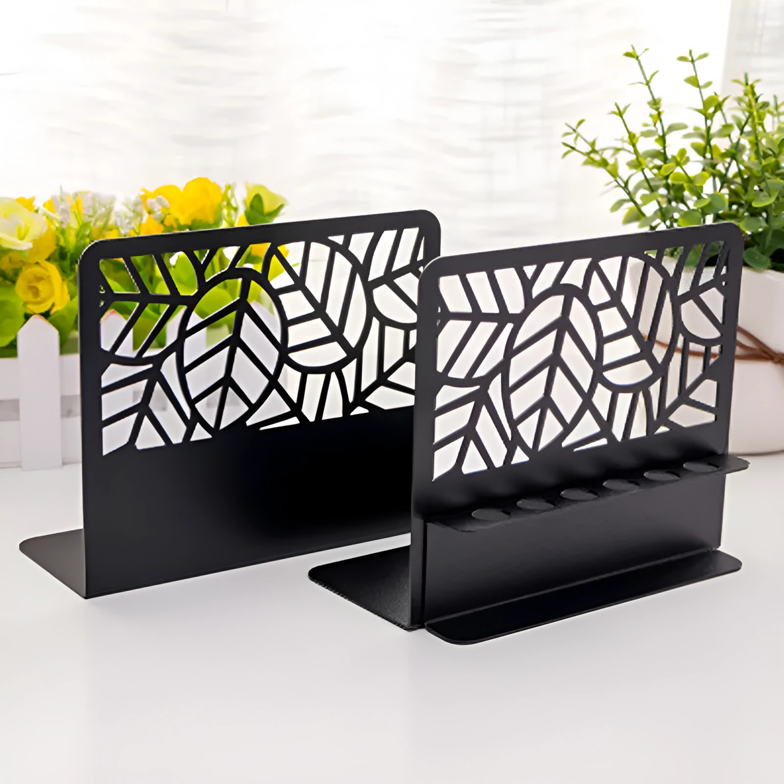 Pair of white Nordic-style steel bookends with six-hole pen holder and rounded corners