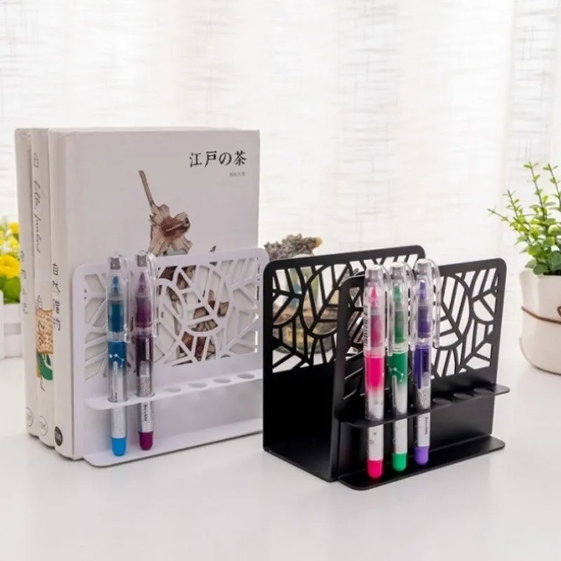 Pair of white Nordic-style steel bookends with six-hole pen holder and rounded corners