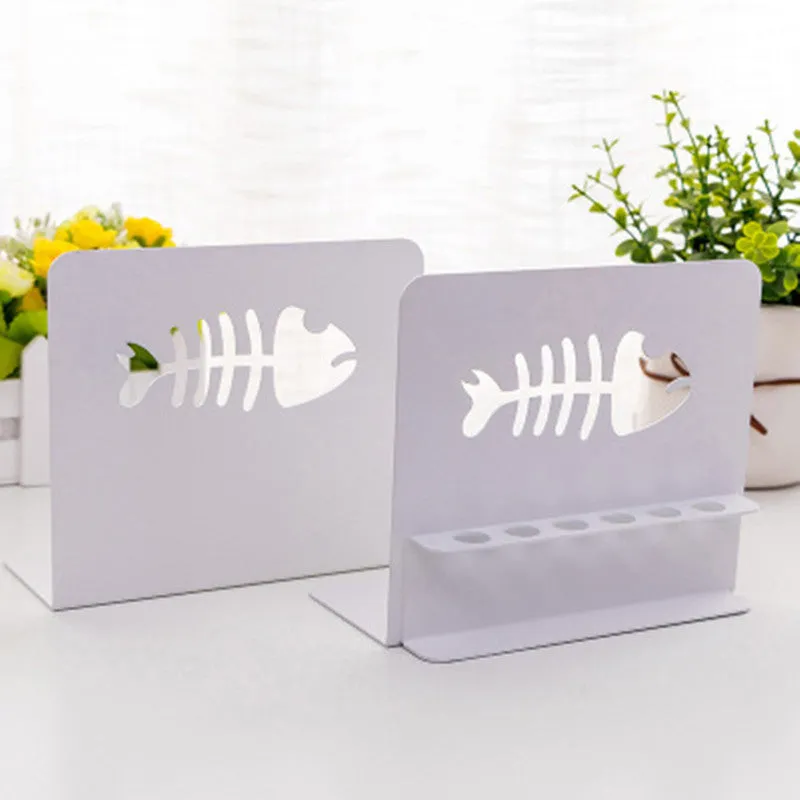 Pair of white Nordic-style steel bookends with six-hole pen holder and rounded corners