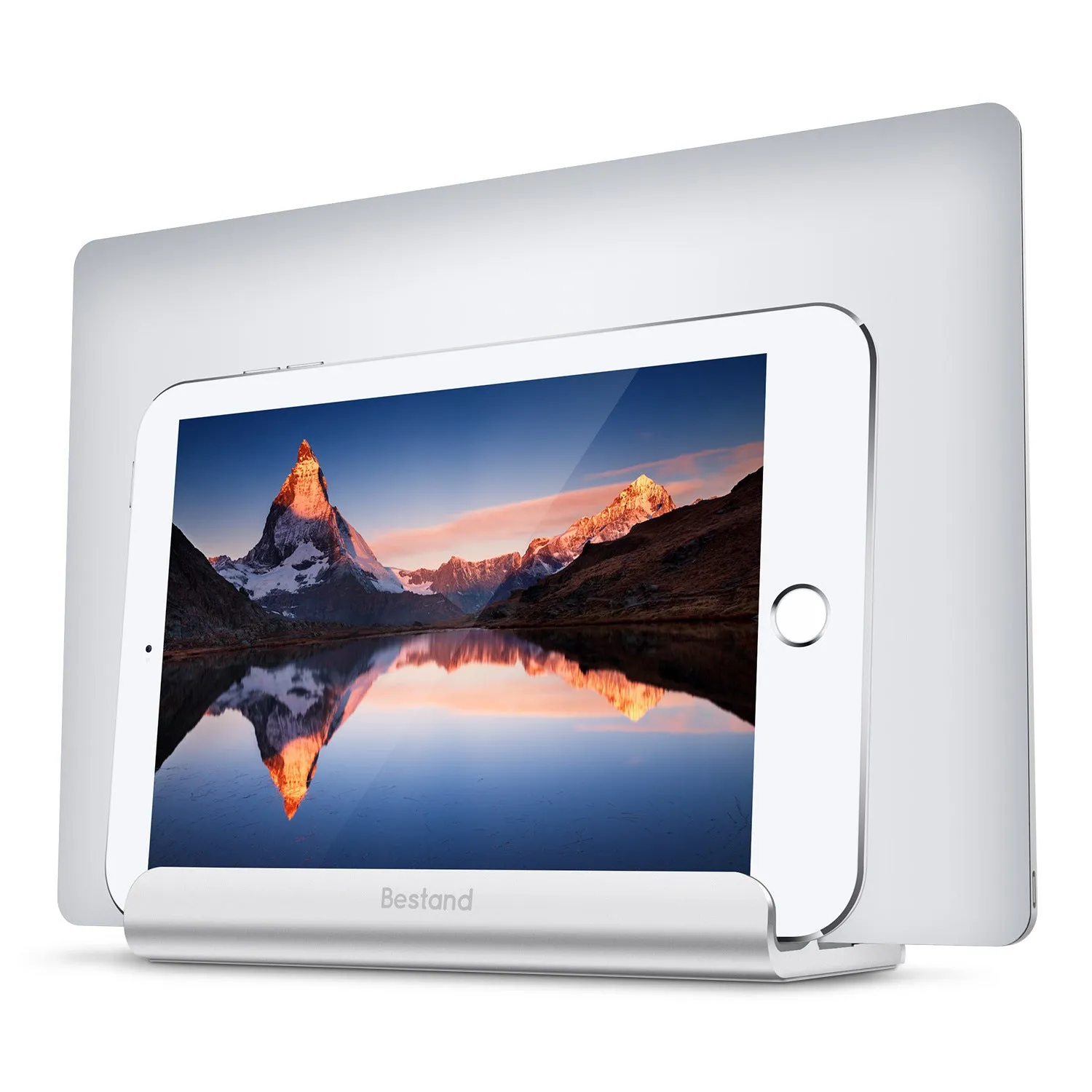 Silver aluminium alloy tablet lazy bracket on a desktop, 19x11.5x7.5cm universal fit