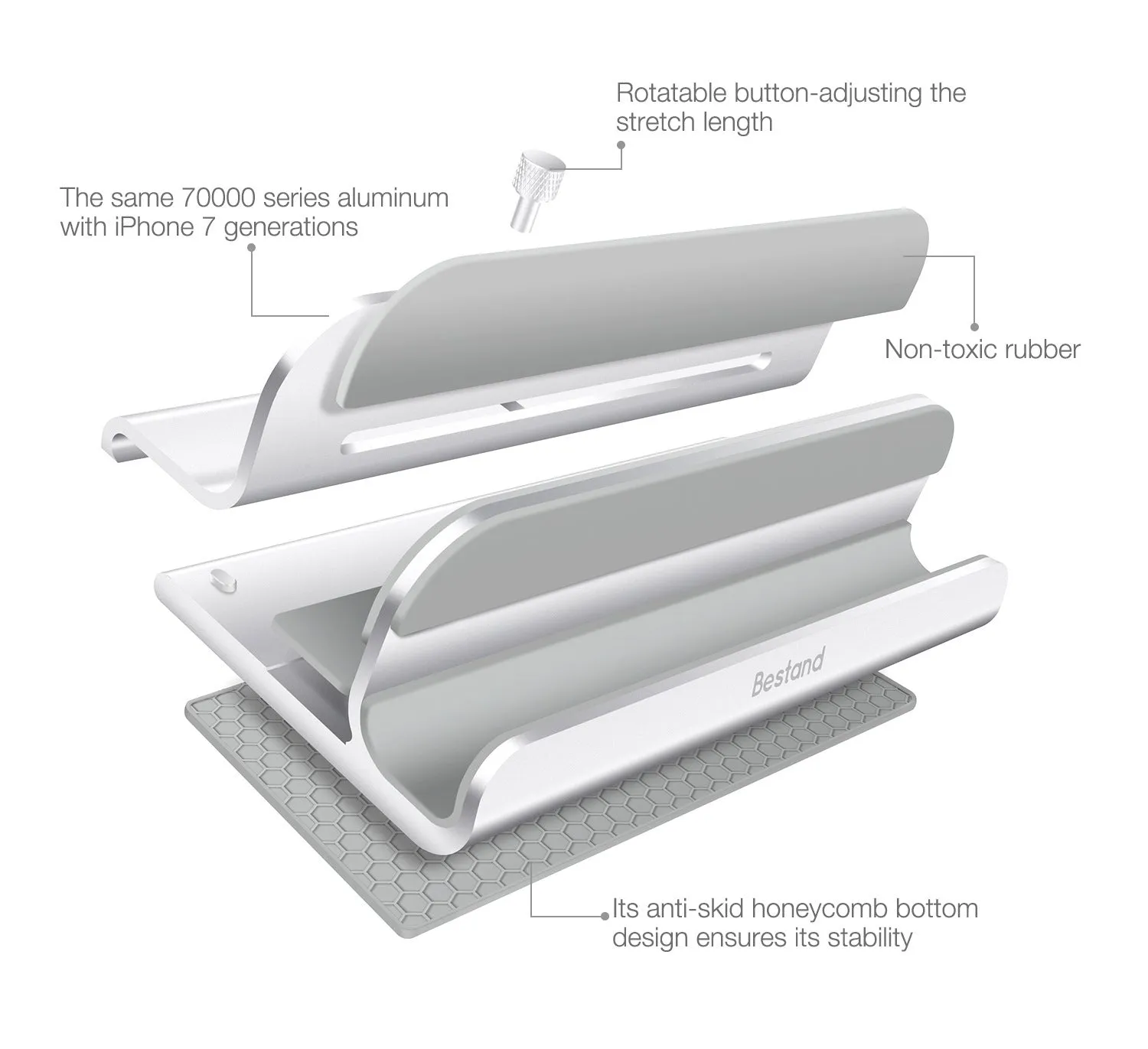 Silver aluminium alloy tablet lazy bracket on a desktop, 19x11.5x7.5cm universal fit