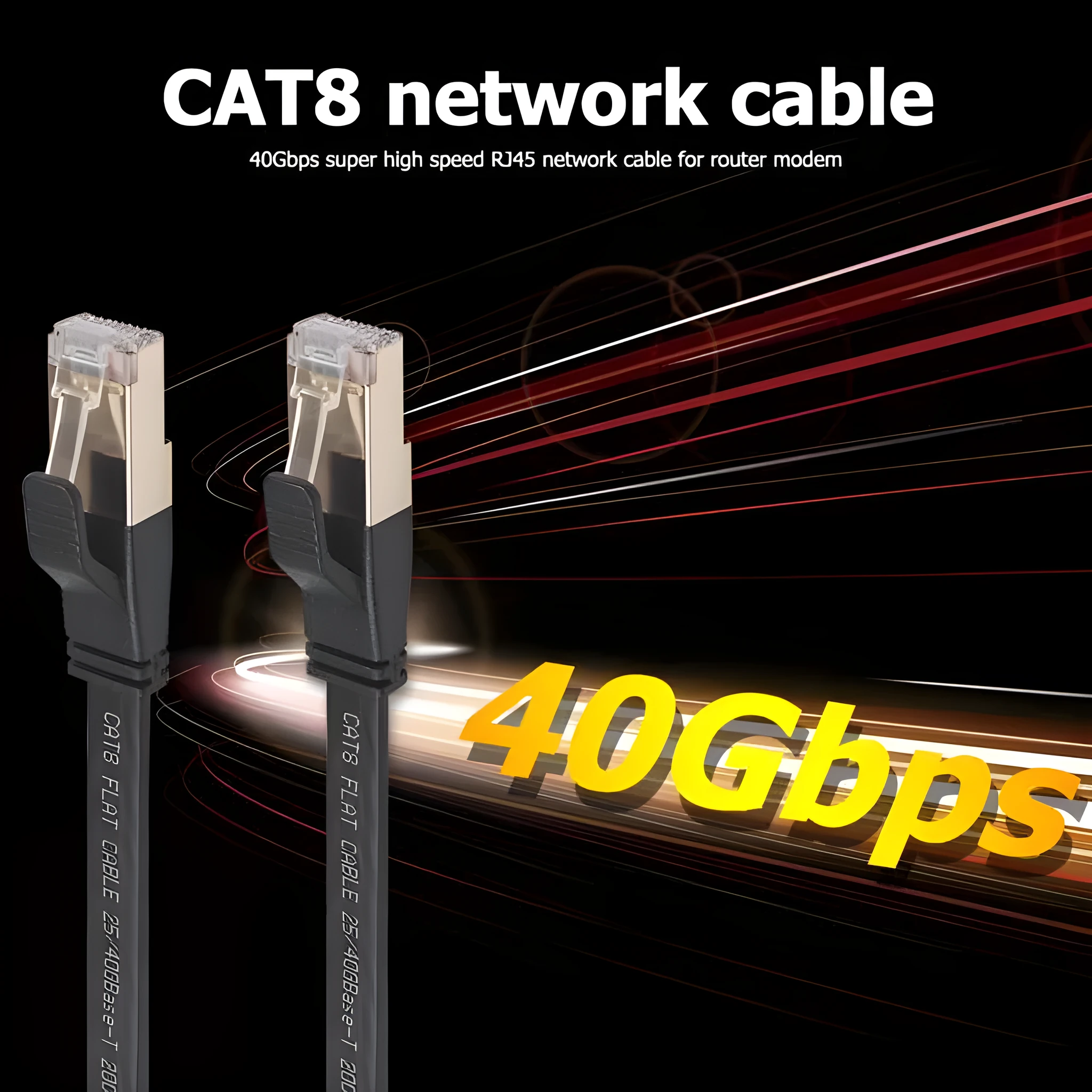 Cat8 SFTP Ethernet patch cord with gold-plated RJ45 connectors, multiple length options