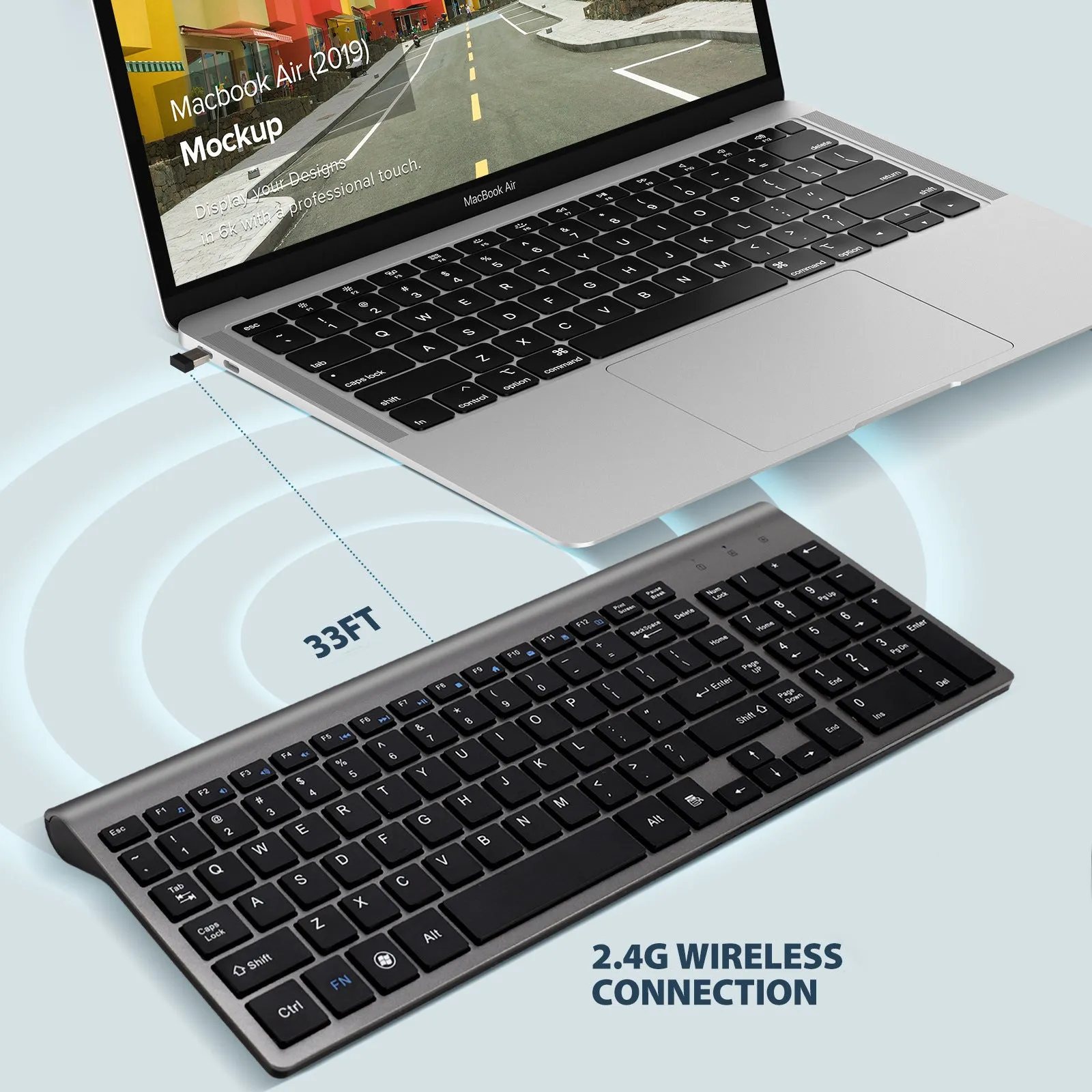 Wireless keyboard mini silent ultra-thin 104-key iron grey with Nano USB receiver stored on back
