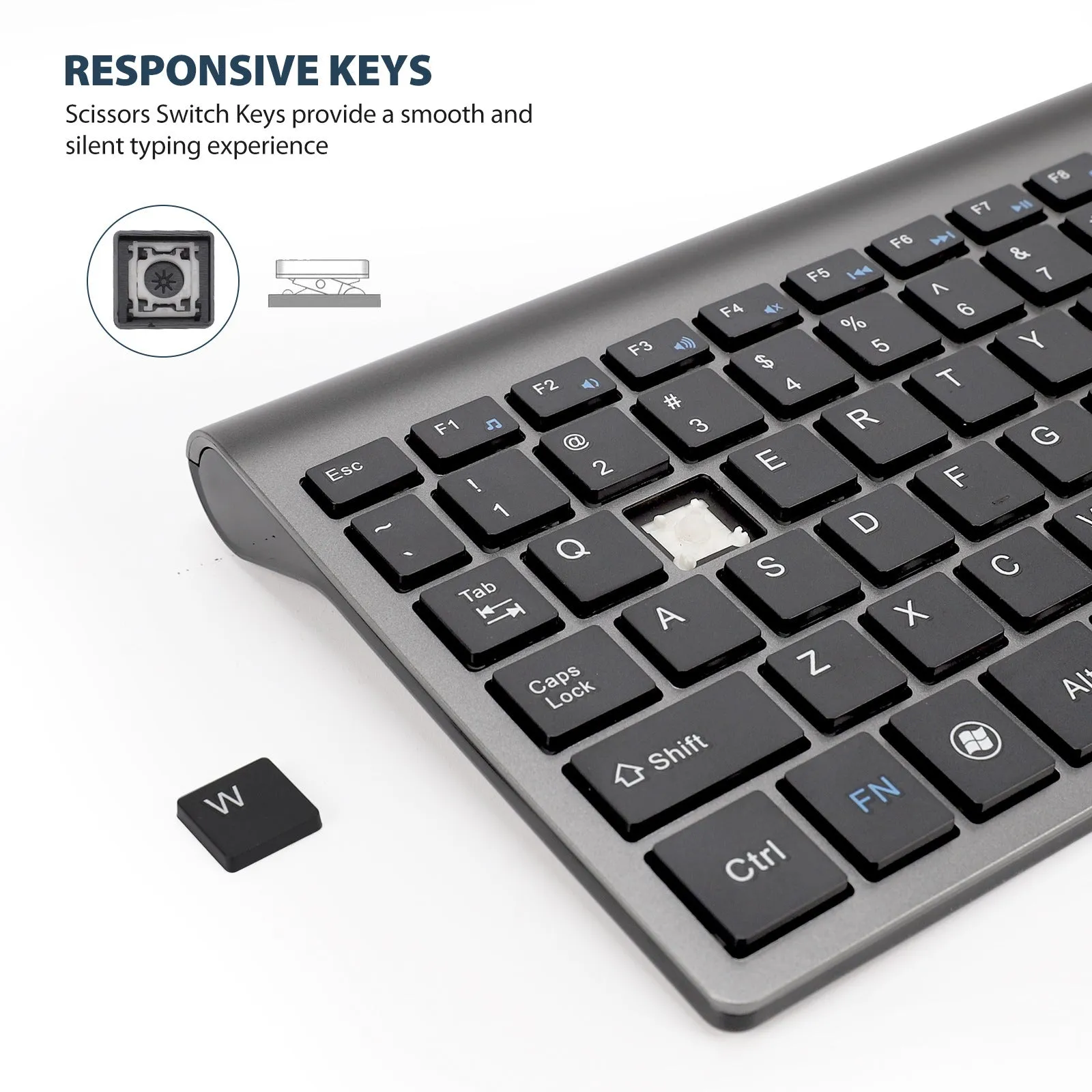 Wireless keyboard mini silent ultra-thin 104-key iron grey with Nano USB receiver stored on back