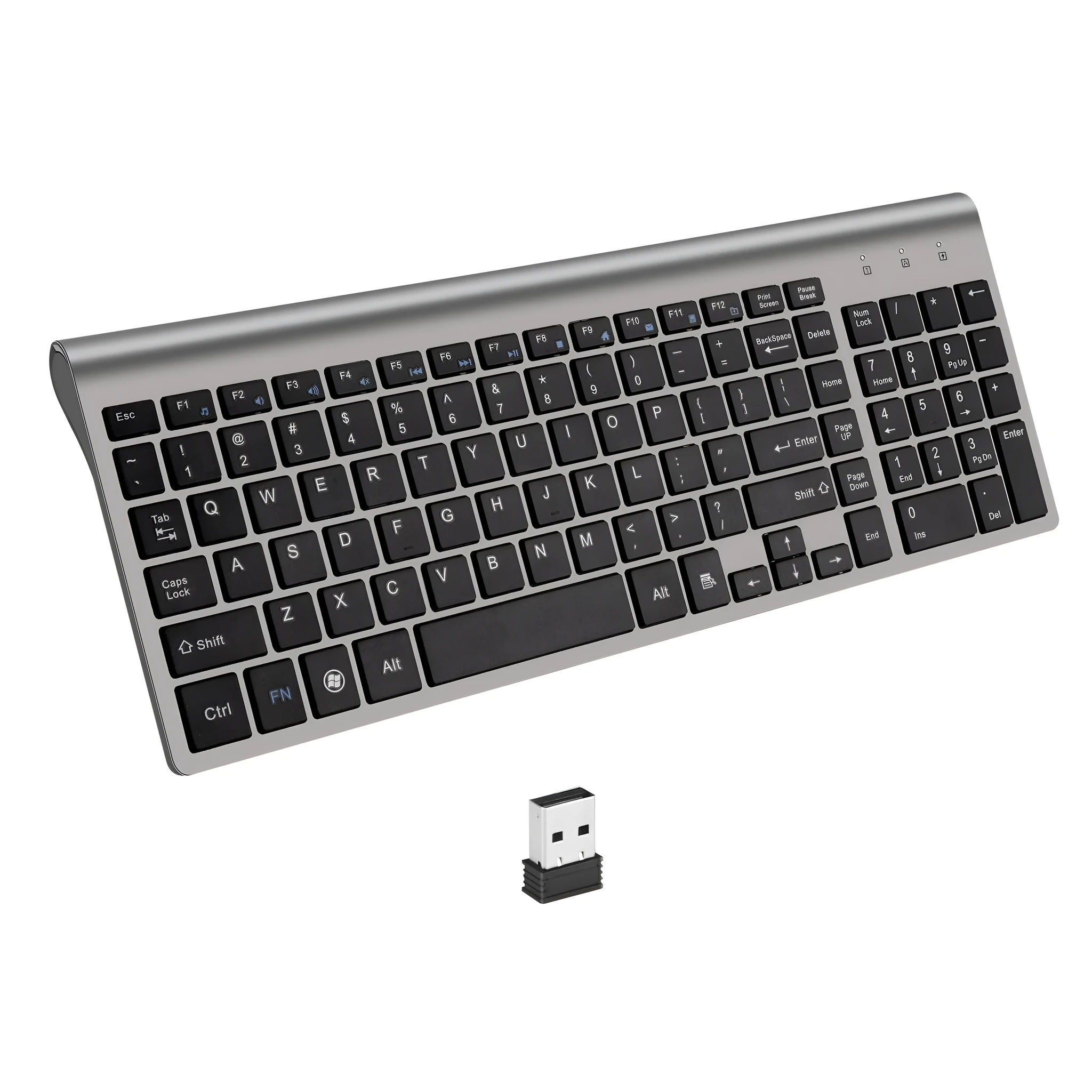 Wireless keyboard mini silent ultra-thin 104-key iron grey with Nano USB receiver stored on back