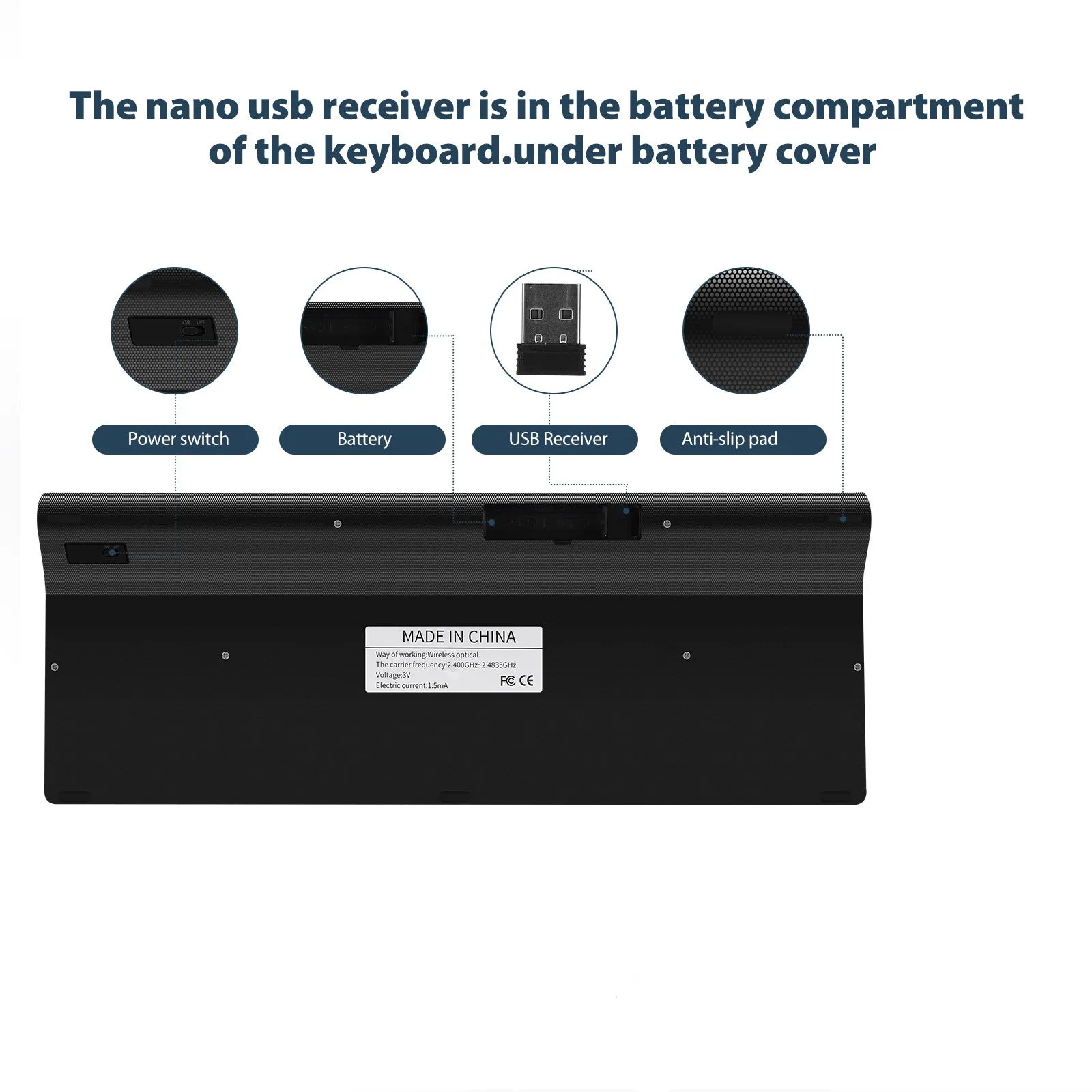 Wireless keyboard mini silent ultra-thin 104-key iron grey with Nano USB receiver stored on back