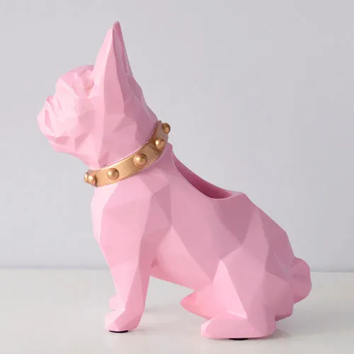 Nordic geometric puppy pen holder in resin, hand-carved finish, 21.5x8.5x9cm, blue colour on a desk