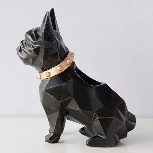 Nordic geometric puppy pen holder in resin, hand-carved finish, 21.5x8.5x9cm, blue colour on a desk