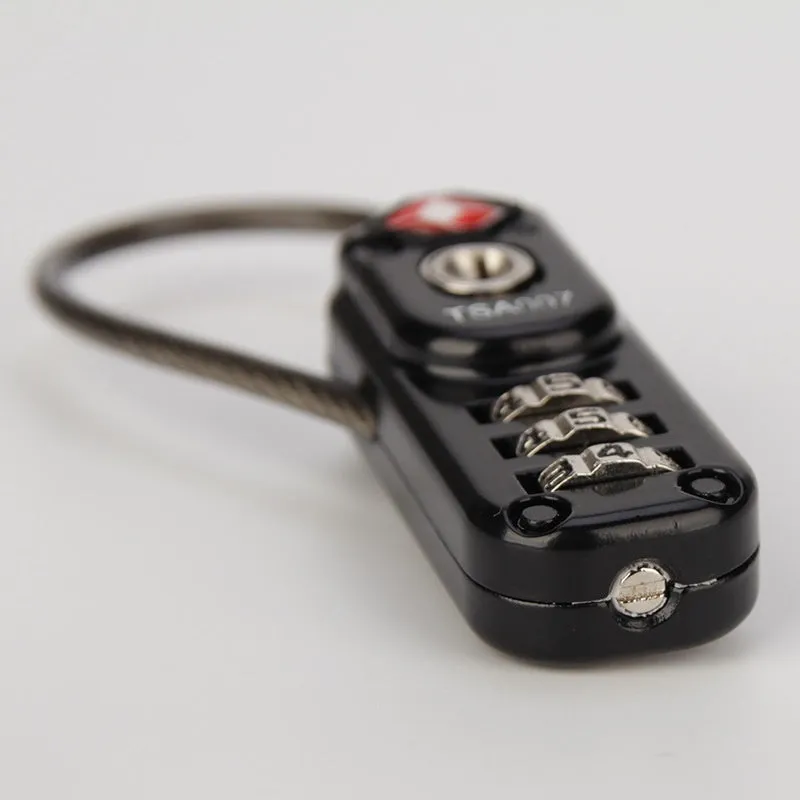 Black zinc alloy combination padlock for trolley case showing 3-digit dials and wire loop.