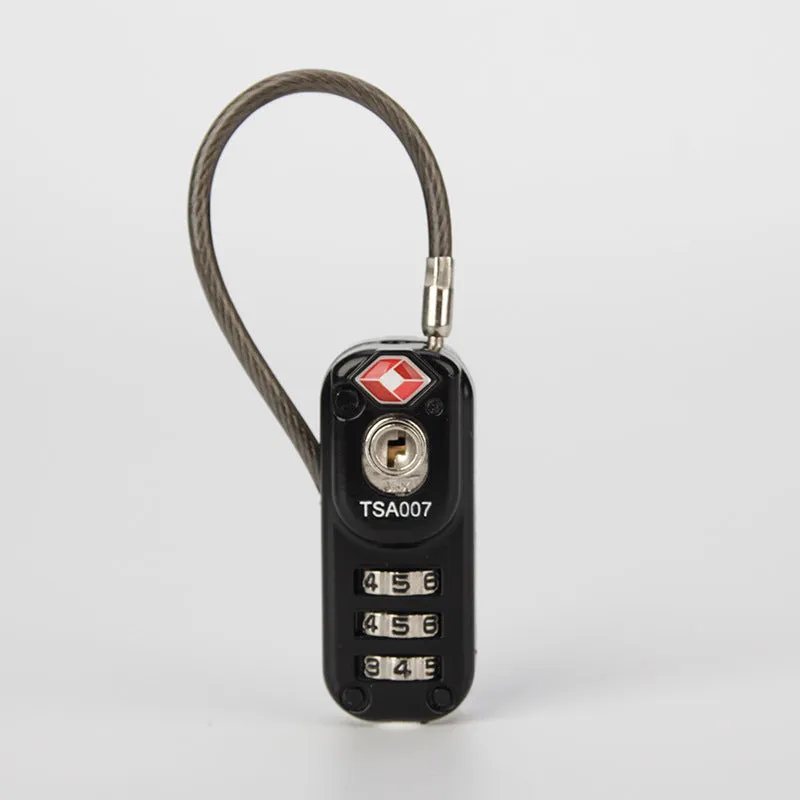 Black zinc alloy combination padlock for trolley case showing 3-digit dials and wire loop.