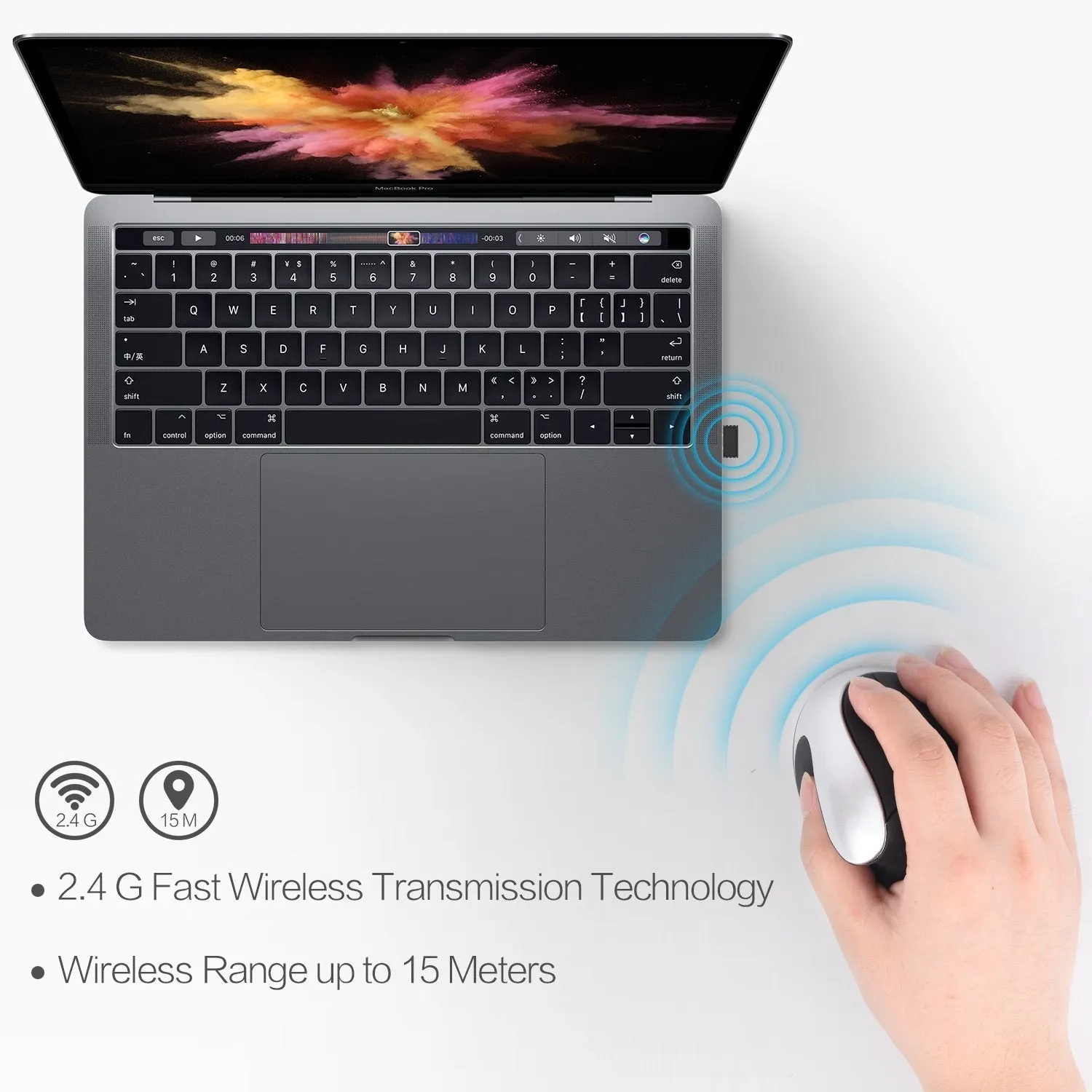 Vertical rechargeable wireless mouse in black, ergonomic design with six buttons and USB receiver