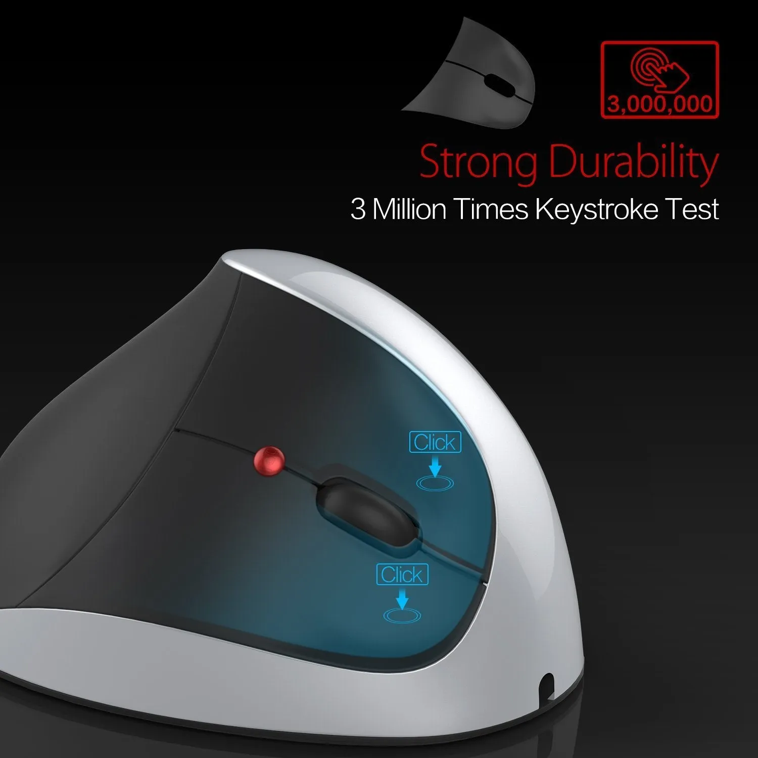 Vertical rechargeable wireless mouse in black, ergonomic design with six buttons and USB receiver