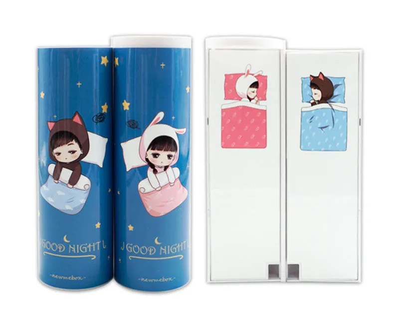 Long double-layer plastic pencil case in a colour variant, shown with stationery items inside, on a plain background
