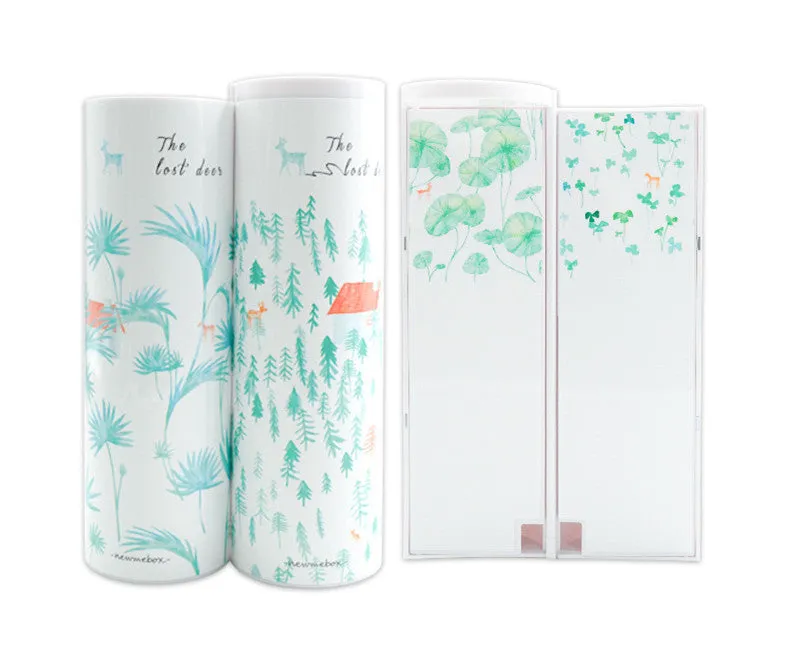 Long double-layer plastic pencil case in a colour variant, shown with stationery items inside, on a plain background