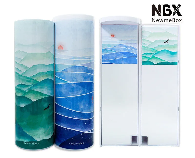 Long double-layer plastic pencil case in a colour variant, shown with stationery items inside, on a plain background