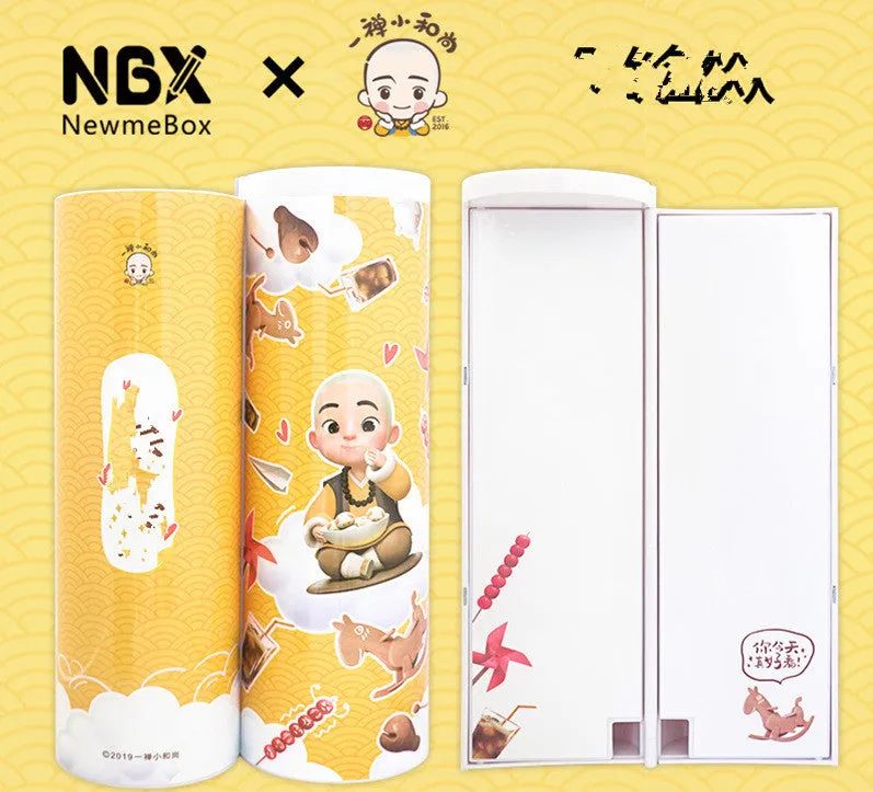 Long double-layer plastic pencil case in a colour variant, shown with stationery items inside, on a plain background