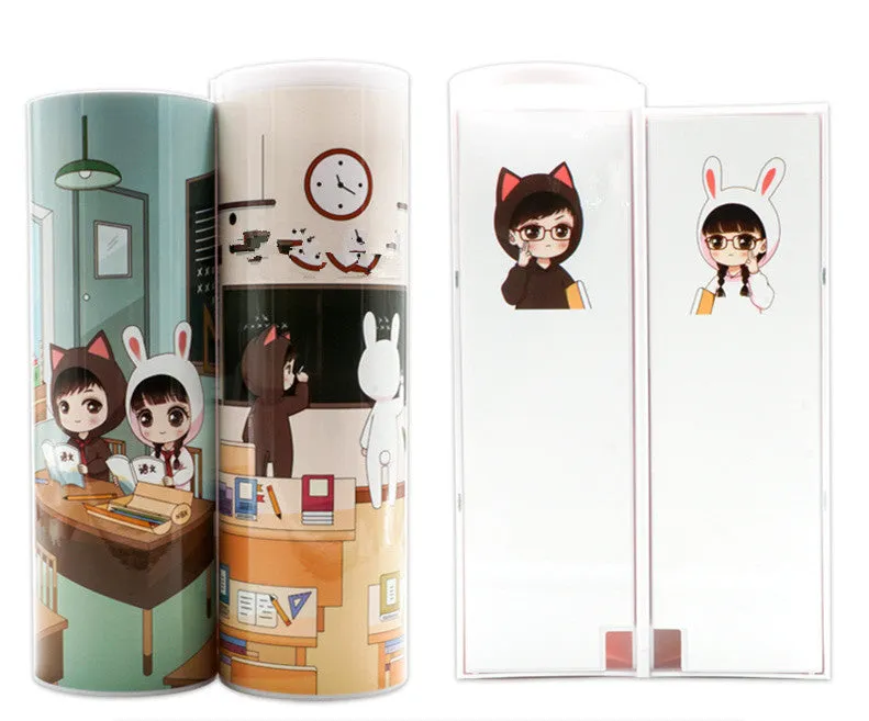 Long double-layer plastic pencil case in a colour variant, shown with stationery items inside, on a plain background