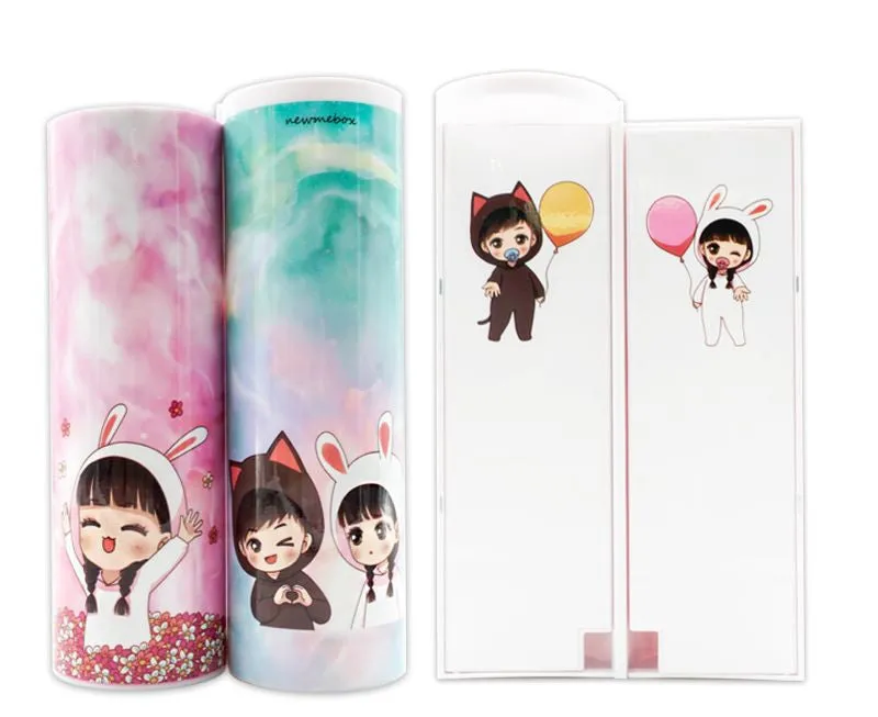Long double-layer plastic pencil case in a colour variant, shown with stationery items inside, on a plain background