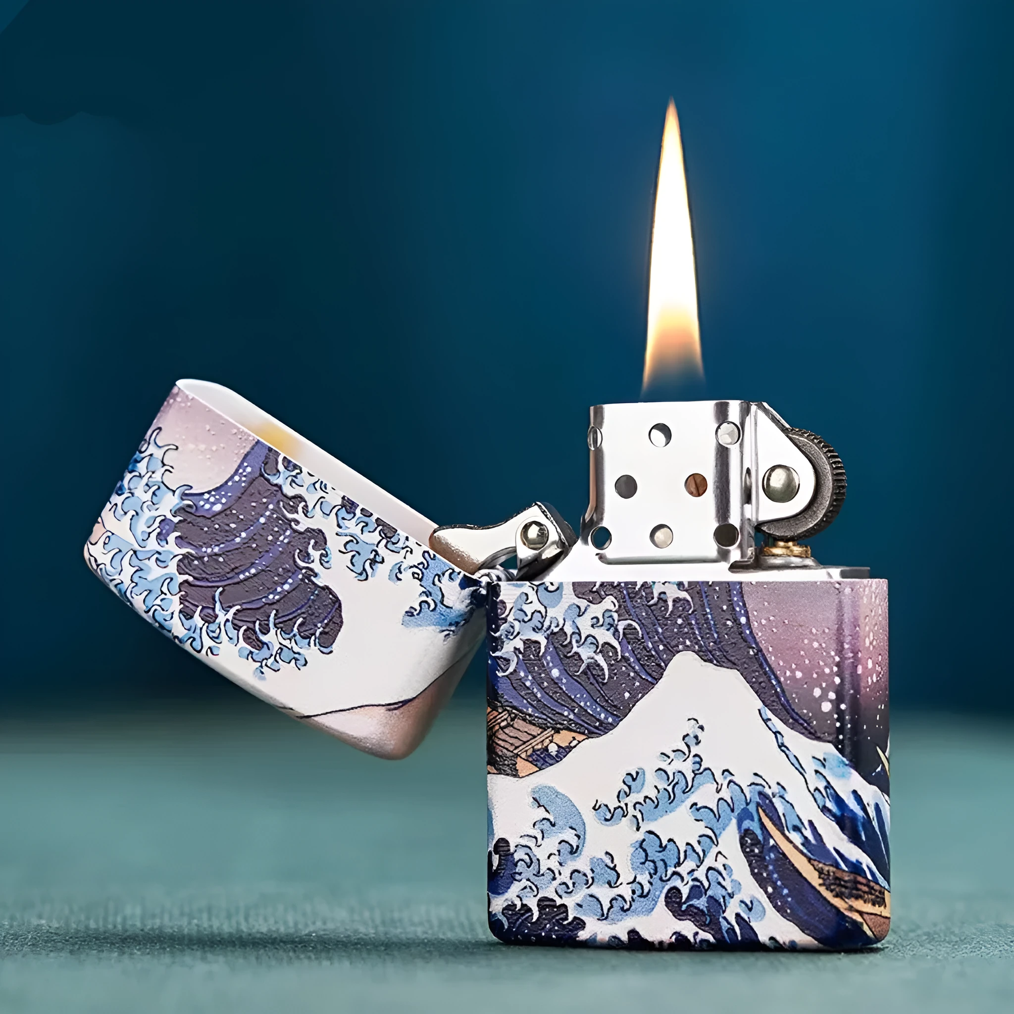 Coloured lacquer windproof lighter with Kanagawa surf design, steel inner liner, copper housing